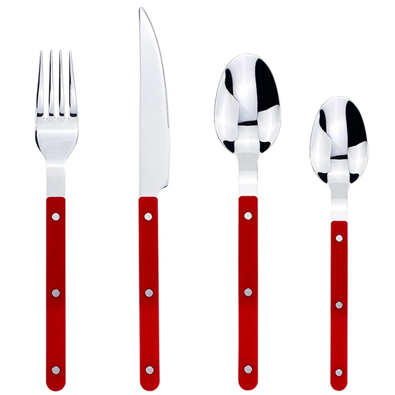 New Design 4 in 1 Stainless Steel Dinnerware Set With ABS Handle Top Mirror Polishing Cutlery For Kitchen QS487 Red Set