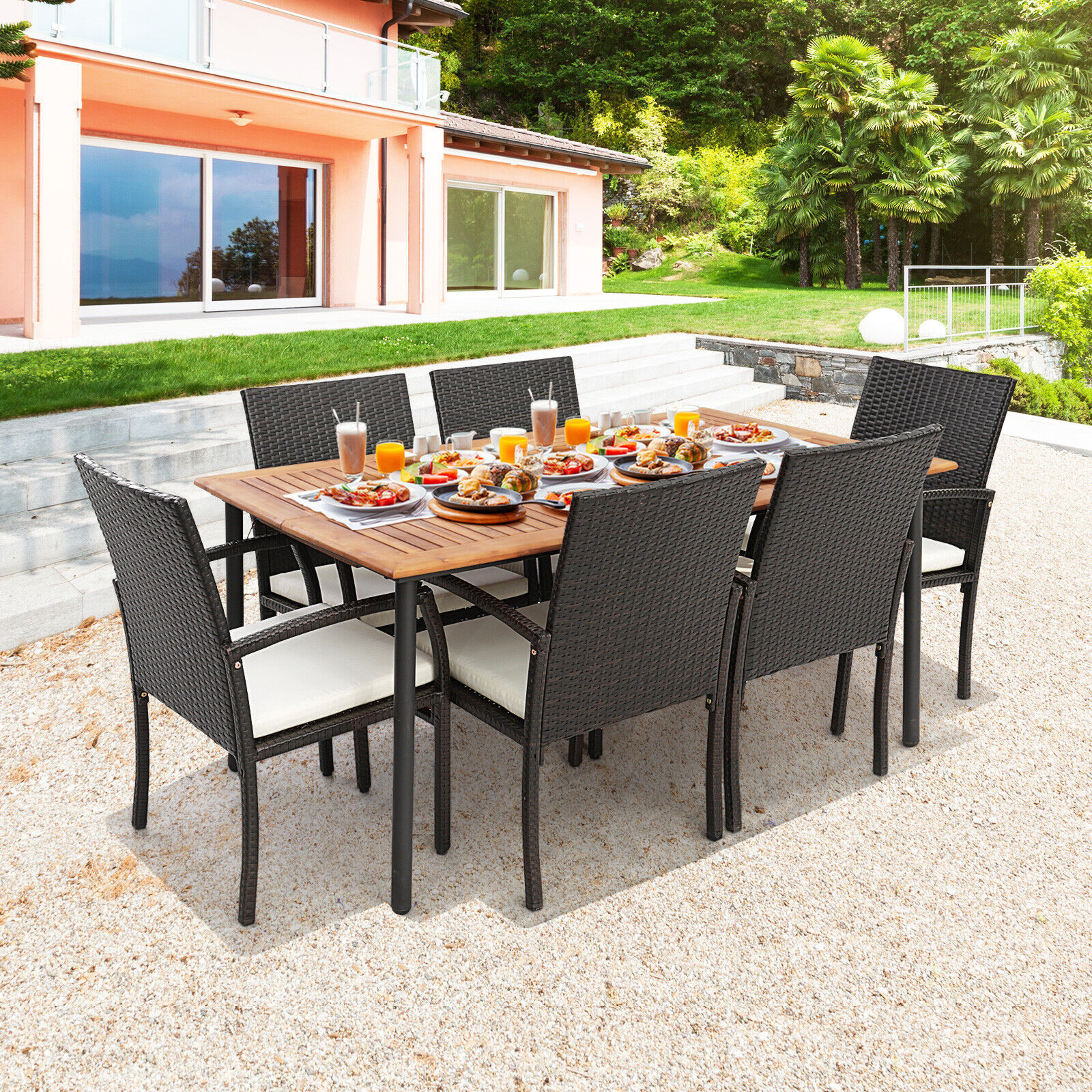 7 Piece Patio Wicker Cushioned Dining Set With Umbrella Hole Acacia Wood Table & 6 Rattan Chairs 7 Piece Patio Wicker Cushioned Dining Set With Umbrella Hole Acacia Wood Table & 6 Rattan Chairs