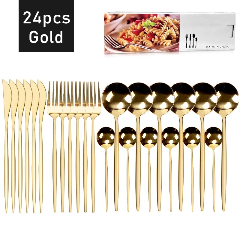 24 Piece Gold Stainless Steel Dinnerware Set Flatware Cutlery Set With Knife, Fork, Spoon, And Tea Spoon Gold