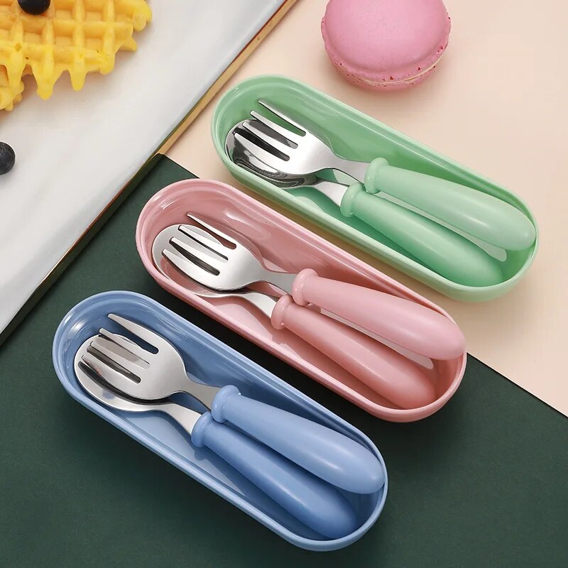 3pcs Stainless Steel Children Spoon Forks Box Portable Baby Feeding Utensils & Tableware Set Pink