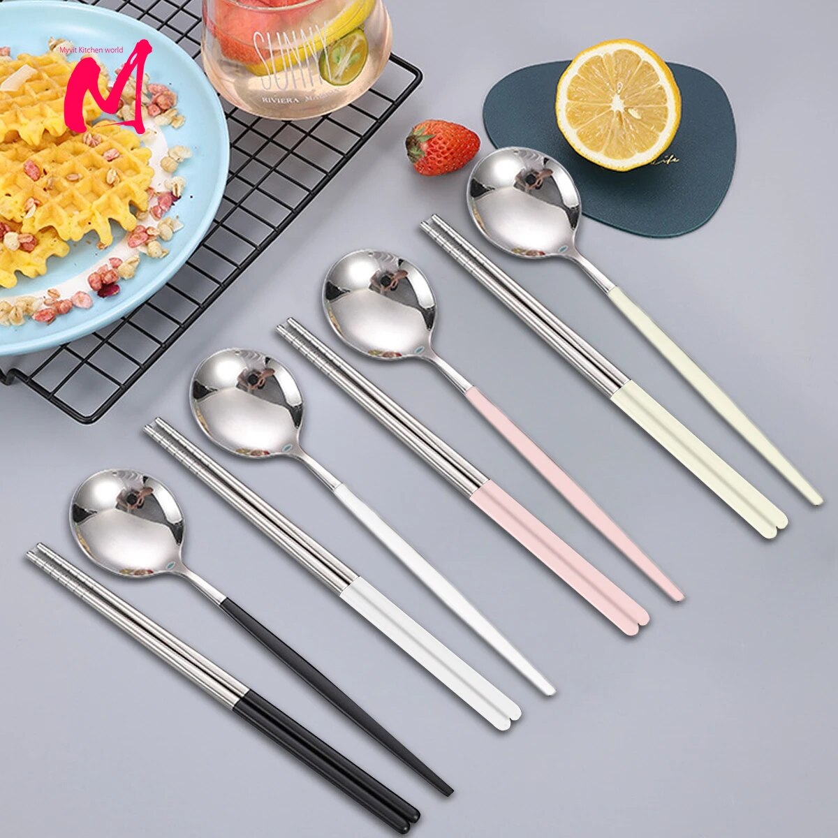 Reusable Stainless Steel Chopsticks & Spoon Set Non slip Sushi Sticks, Soup Spoon, Dinnerware 4 Set Cream