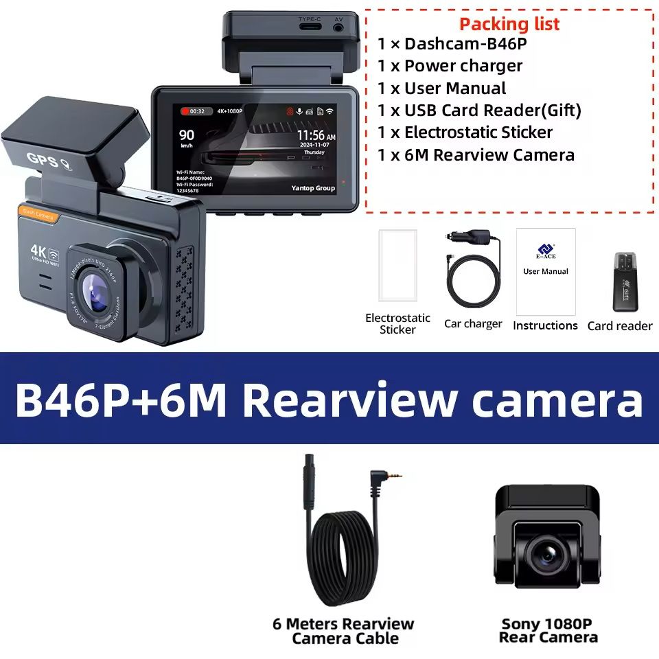 4K Dual Lens Dash Cam With GPS WiFi Night Vision Front And Rear Camera 256g b46p 6m Rcc