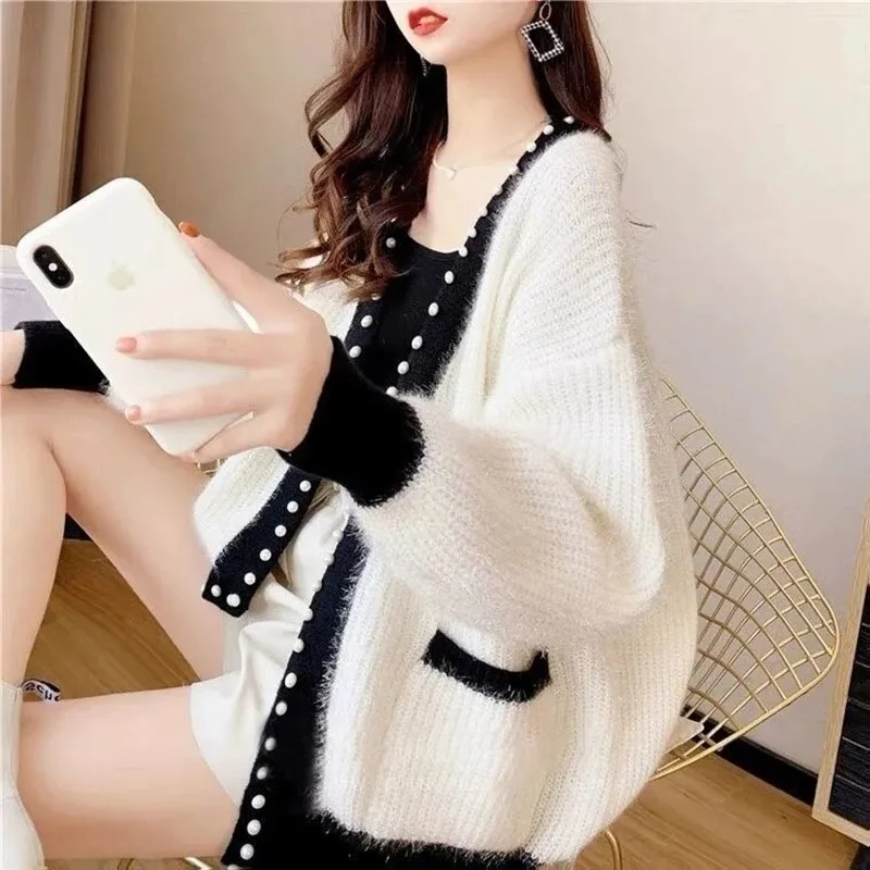 Autumn Winter Thick Warm Chic Beading Sweater Fashion Loose Knitted Coats New Casual Soft Streetwear Women Sweater Autumn Winter Thick Warm Chic Beading Sweater Fashion Loose Knitted Coats New Casual Soft Streetwear Women Sweater White M 45 50kg