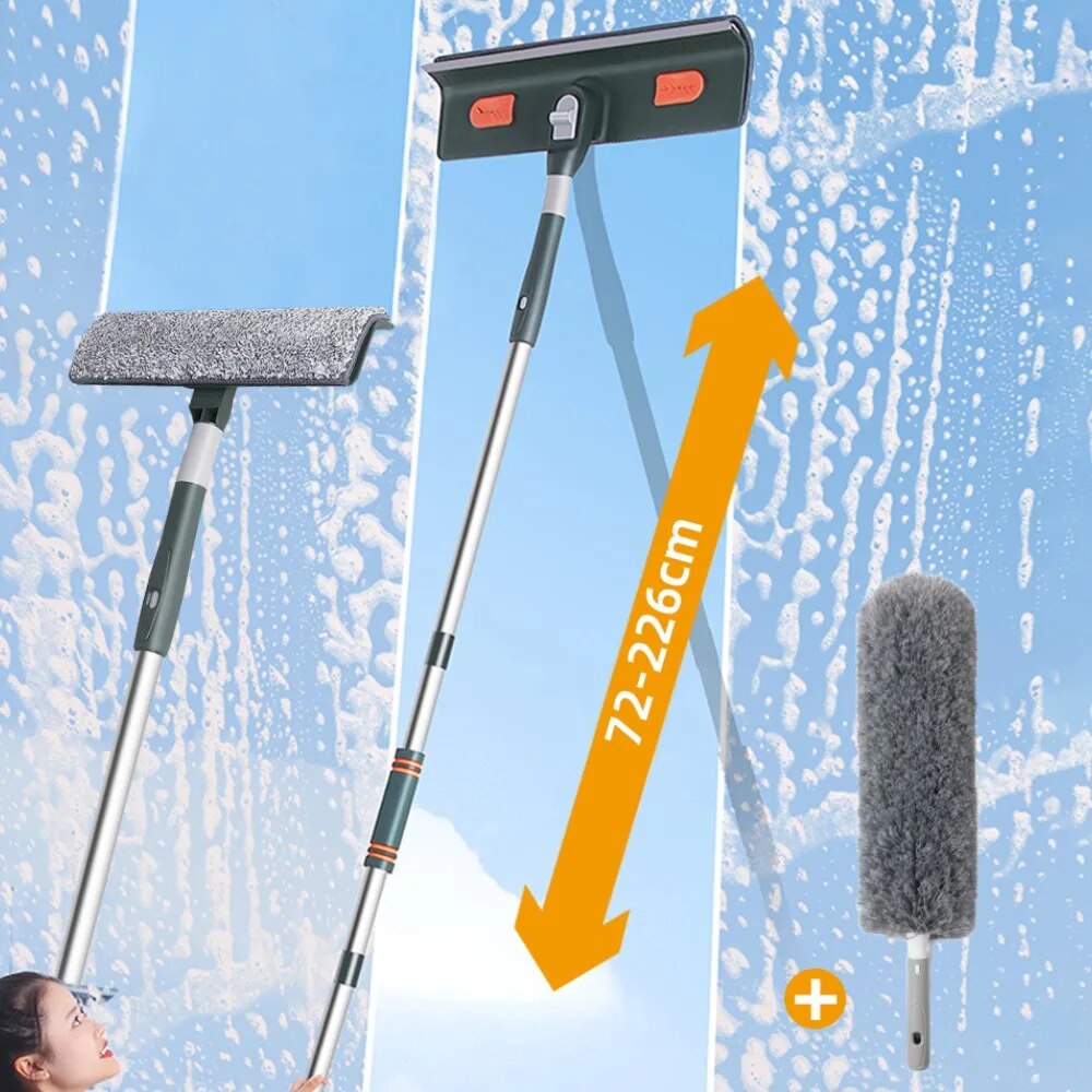 Extendable Window Cleaning Tool With Silicone Scraper Glass Cleaner Mop For Household Cleaning 144cm Green Set