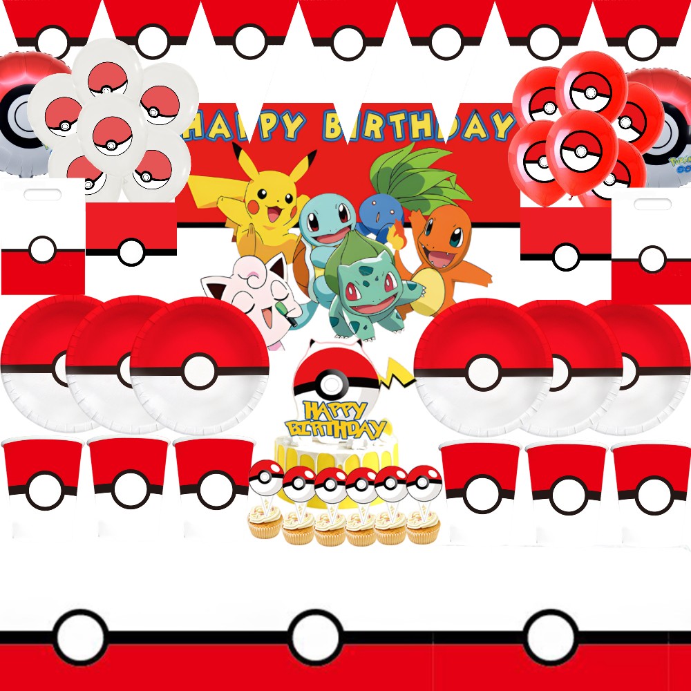 Pokeball Foil Balloons & Disposable Tableware: Pokemon Birthday Party Decorations For Boys Color: Plates 7inch 10Pcs