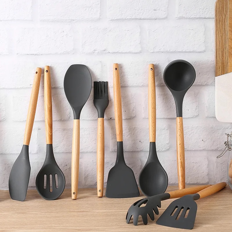 Kitchen Silicone Wooden Handle Utensil Set Pot Shovel, Soup Spoon, Leaky Spoon, Cooking Tools, Tableware 6