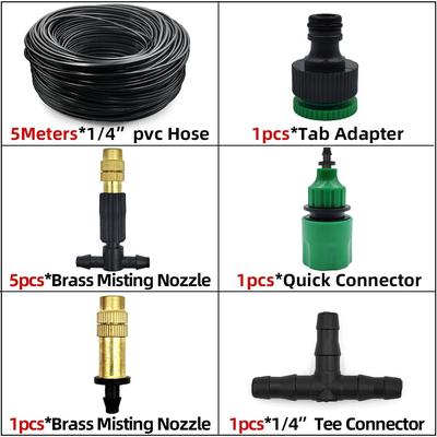 Premium Outdoor Misting Cooling System: Brass Atomizer Nozzles, Patio Garden Irrigation, 1 4'' Hose KIT001 5M