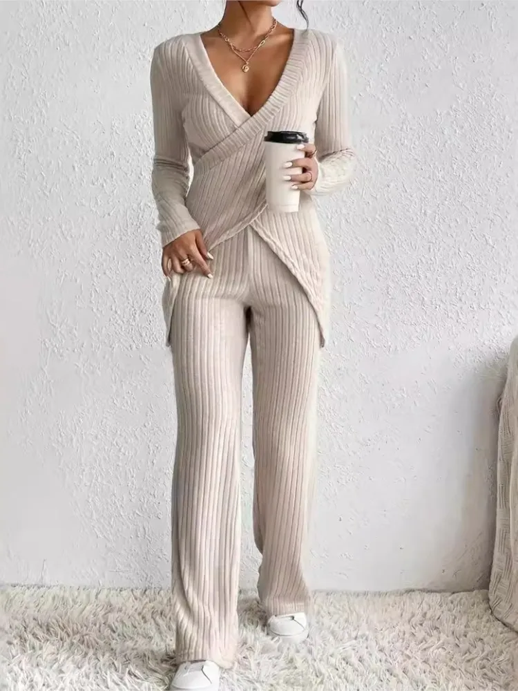 Set solidi casual da donna Completi moda manica lunga scollo a V Top slim + Pantaloni a vita alta Set da 2 pezzi per donna Autunno Inverno Nuovo
