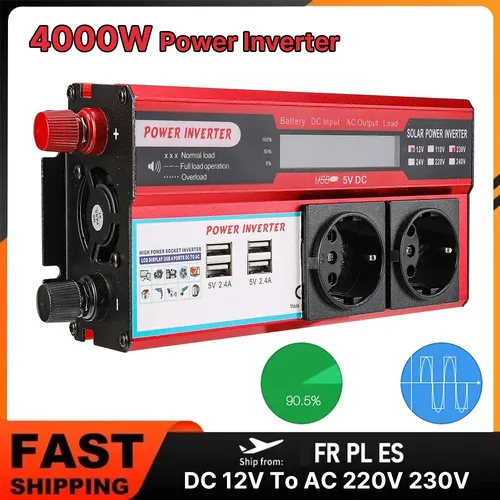 Onduleur de puissance 4000W, transformateur DC 12V à AC 220V 230V avec 4 prises USB ue, Charge avec affichage LED pour voyages et Camping