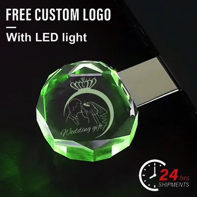 Cooles Kristall-USB-Flash-Laufwerk, 128 GB, kostenlose 3D-Lasergravur, individueller Logo-Speicherstick, 64 GB Farb-LED-Licht-Stick, 32 GB Image