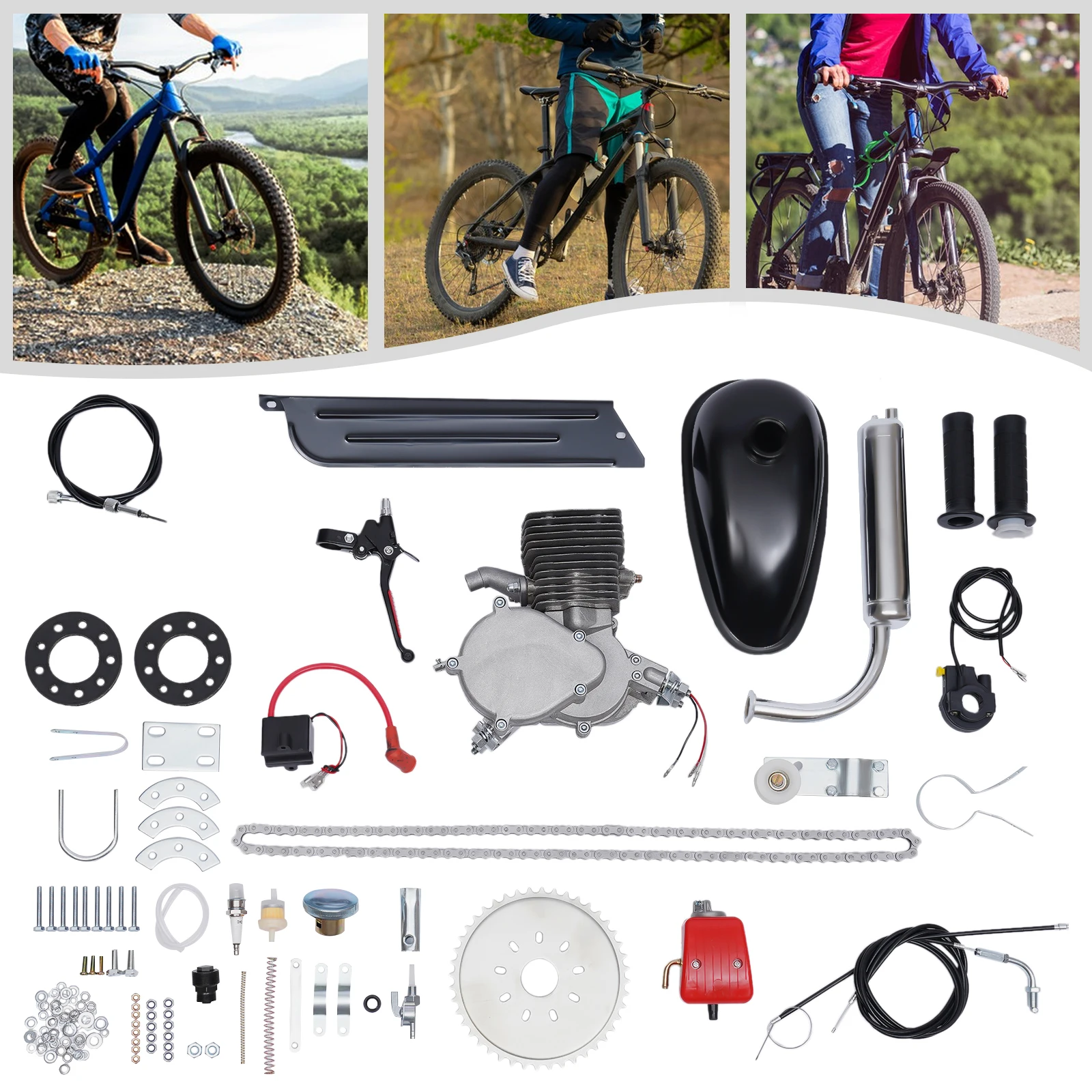 Set motore a benzina per bici a 2 tempi 100CC Kit motore a benzina per bicicletta Modifica la velocità Cilindro singolo a 44 denti, raffreddamento ad aria