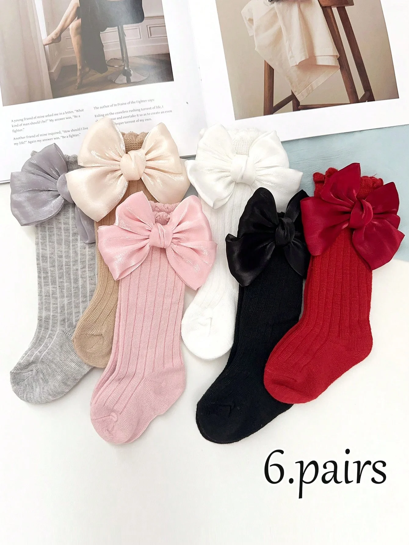 6 Paar kniehohe Socken für Babys und Mädchen mit seitlicher Schleifenverzierung, weiche, atmungsaktive, rutschfeste Prinzessinnenstrümpfe für Kinder im Alter von 0–36 Monaten Image