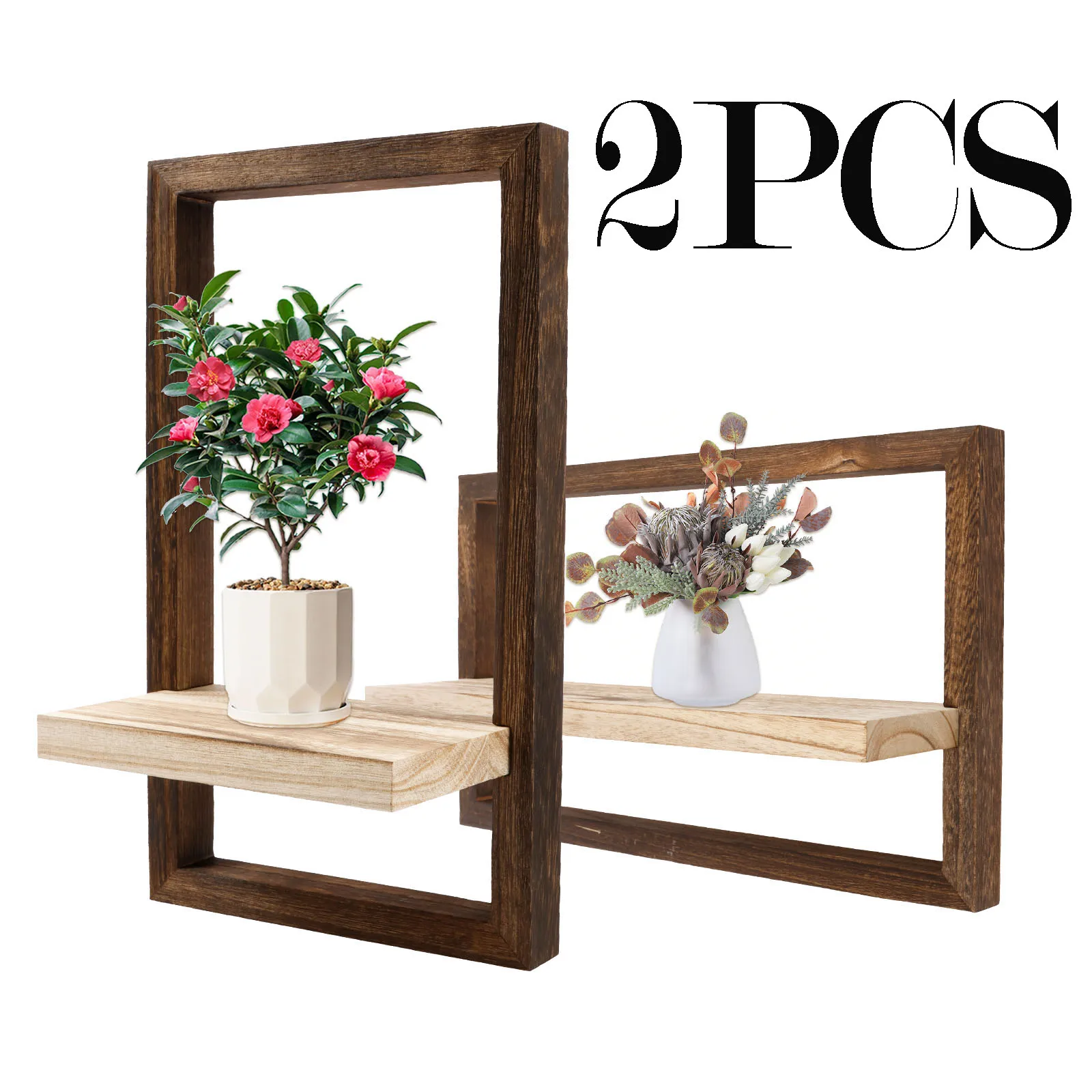 2-teilige schwimmende Holzregale, quadratische schwebende Regale für die Wand, dekorative Pflanze, Blumentopf, Tablett, Ausstellungsständer, Boho-Heimdekoration Image