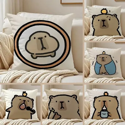 Niedlicher Tier-Cartoon-Freund, Capybara-Kissenbezug, Anti-Dustmite-Kissenbezug, unsichtbarer Reißverschluss, seidiger kurzer Plüsch-Sofa-Kissenbezug Image