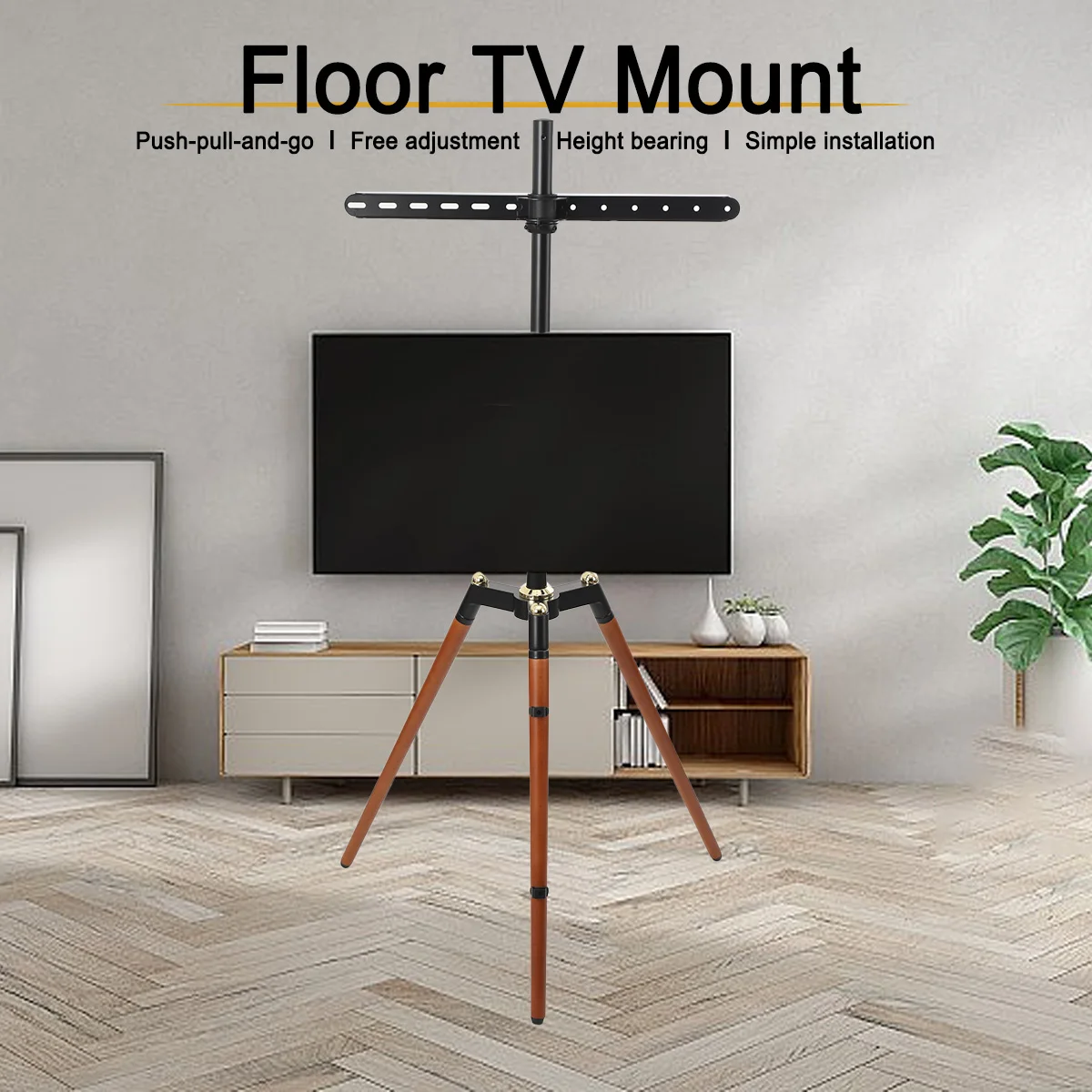 32-65 Zoll TV-Halterung Bodenhalterung Drehbare Hebe-Kunsthalterung aus Buche Universelles LCD-Flachbildschirm-TV-Stativ Image