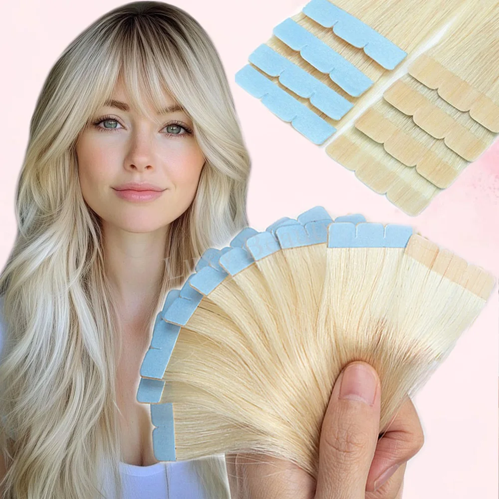 Blonde Mini-Tape-in-Echthaarverlängerungen, doppelseitig, nahtlos, natürlich, gerade, schwarz, braun, Tape-Ins-Haarverlängerungen, 10 Stück/Set Image