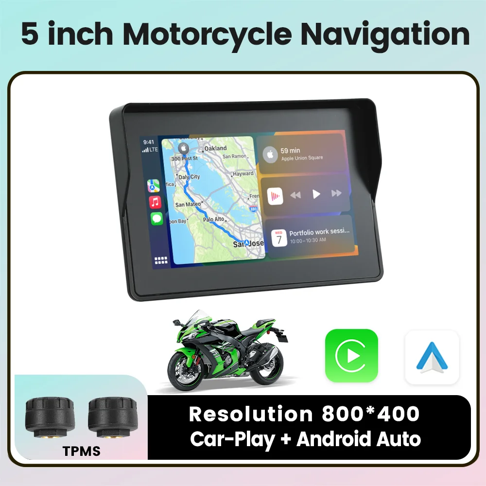 5-Zoll-tragbare Motorrad-GPS-Navigation Drahtloses Carplay Android Auto-Bildschirm TPMS IP67 Wasserdicht Musikwiedergabe Plug-and-Play Image