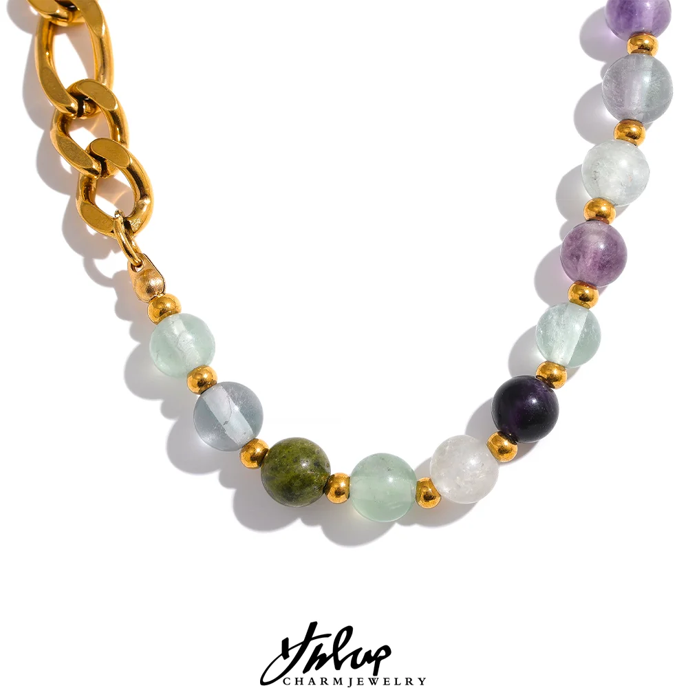 Yhpup Wasserdichte, stilvolle, bunte Natursteinperlenkette, Edelstahl-Halskette für Frauen, exquisiter handgefertigter Schmuck, neu Image