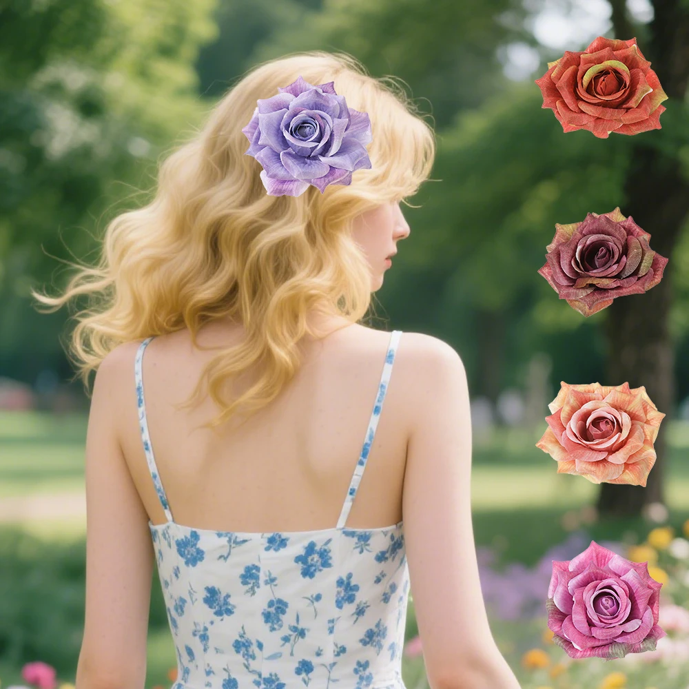 AWAYTR Tie Dye Rose Blume Haarnadeln Niedliche Blumen Kopfbedeckung Romantische Haarschmuck Mädchen Seitlicher Pony Clip Süße Haarspangen Headdr Image