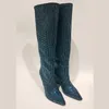 2022 neue Winter Strass Leder Damen stiefel 11cm Keil absatz/konischer Absatz glitzernde knielange Stiefel Modenschau Schuhe
