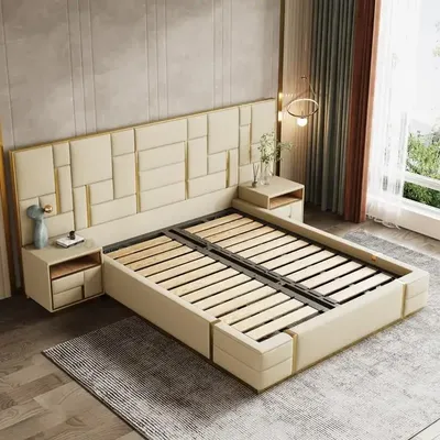 As A Bed King Size Luxury Bedroom Furniture Set Wooden Headboard and Nightstands Lit Deux Place with Double Bed Side Table