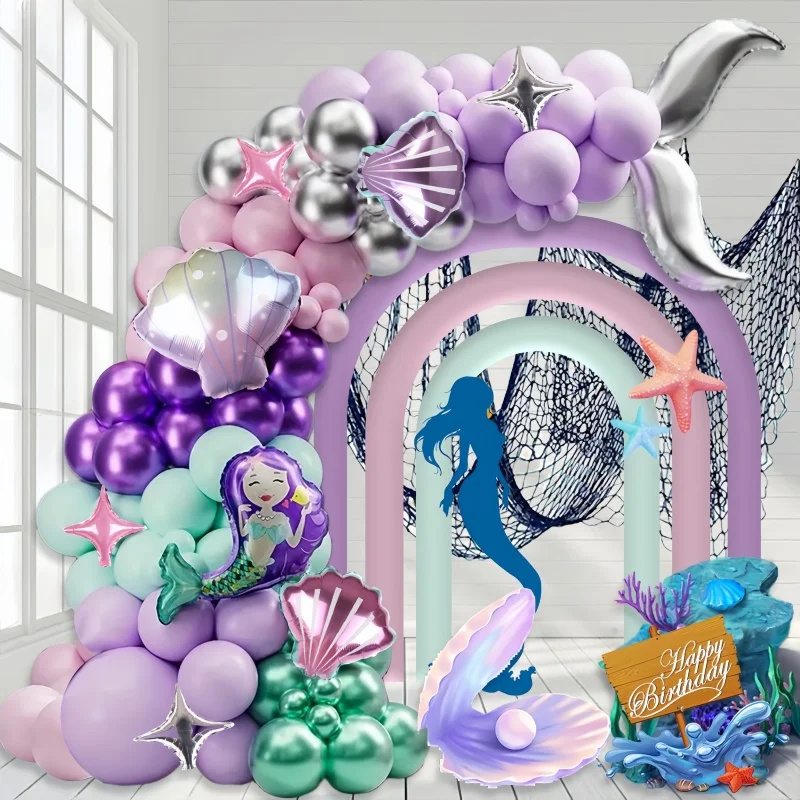 117-teiliges Ozean-Fischschwanz-Ballon-Set, Unterwasser-Meerjungfrauenschale mit rosa und lila silbernem Ballon, perfekt für Mädchen, Meerjungfrau-Thema, Geburtstagsfeier, Verlobungsfeier, Image