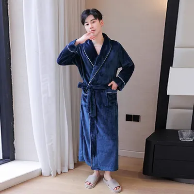 Männer Winter Verdicken Flanell Roben V-ausschnitt Warme Bademantel mit Gürtel Männer Flauschigen Dusche Robe Morgenmantel Männliche Nachtwäsche Housewear Image
