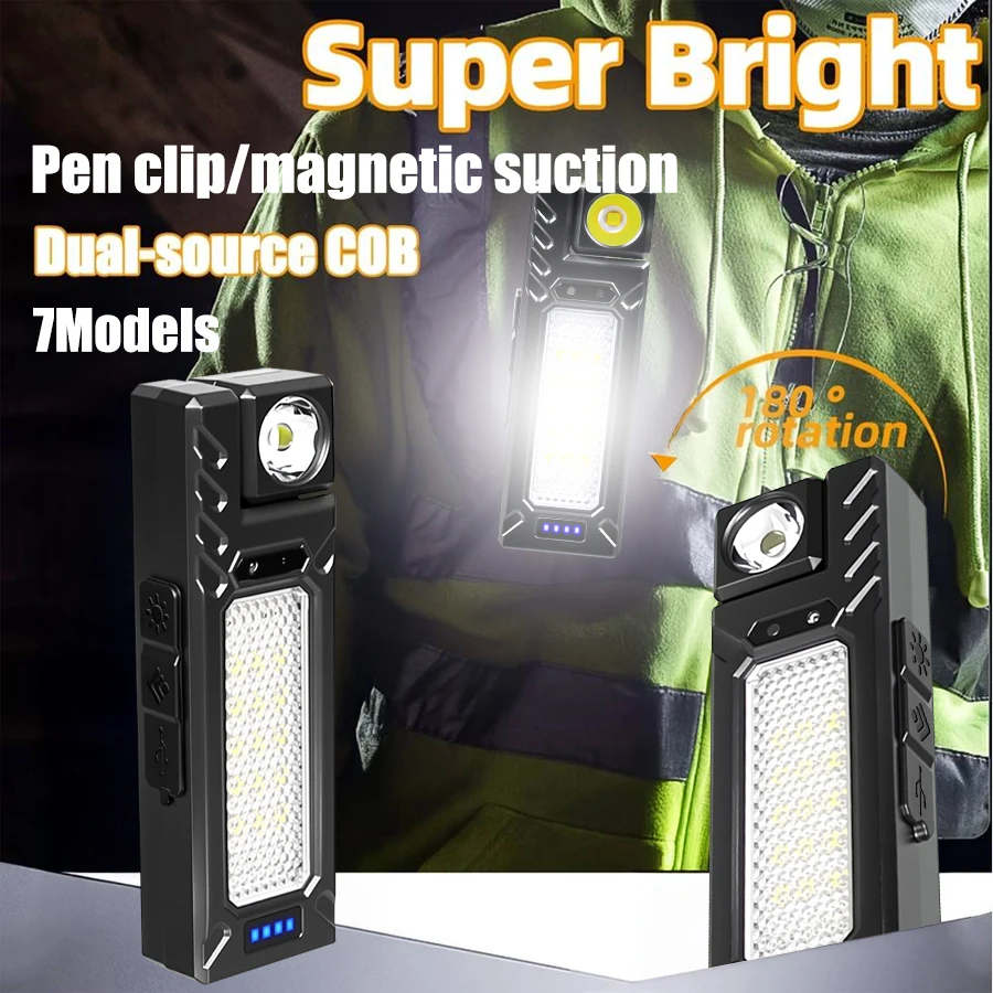 Neue tragbare COB LED Taschenlampe USB wiederaufladbare Arbeitsleuchte magnetische Lanterna Stift Clip Lampe mit eingebauter Batterie Camping Taschenlampe Image