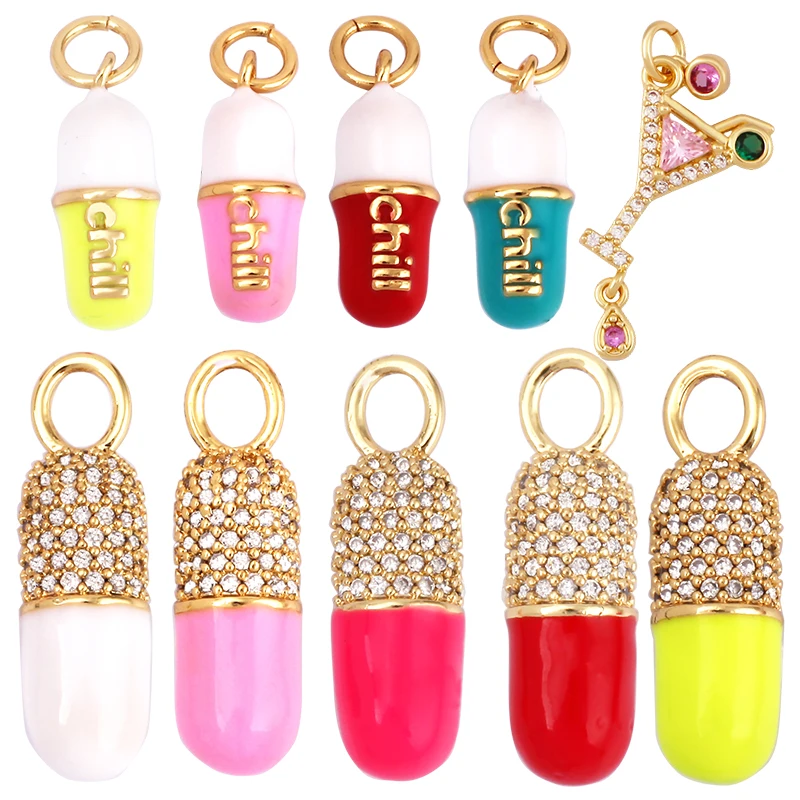 Kapsel Chill Pill Emaille Charm Neon Rosa Orange Türkis Anhänger Öl tief ausgeschnitten, vergoldete Farbe, Halskette Armband Anhänger M83 Image