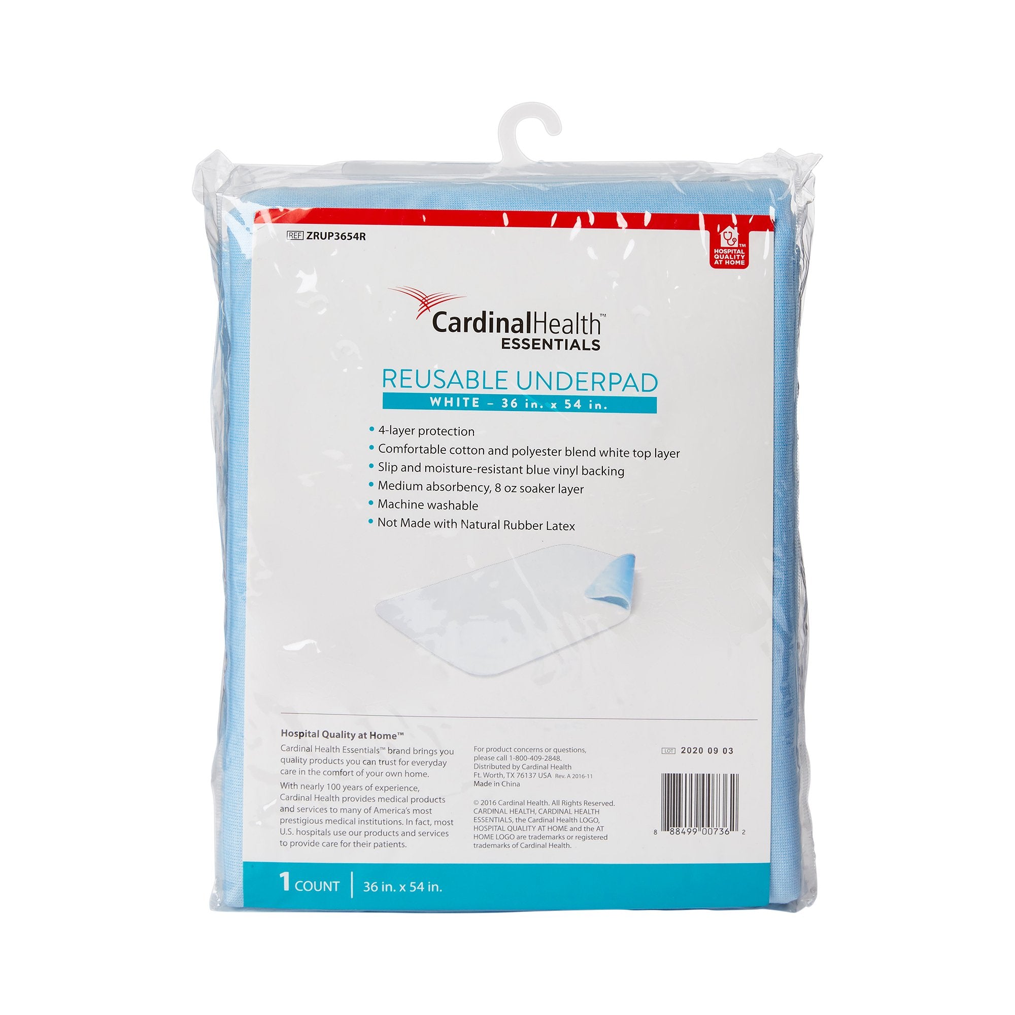 Cardinal Health Essentials Reusable Underpad 36 X 54 Inch Polyester / Rayon Moderate Absorbency (1120201_EA) 1/EA Cardinal Health™ Essentials Underpad