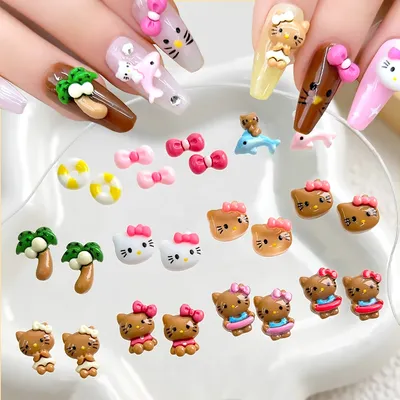 30pcs Swimsuit Tanning Hello Kitty Women Nail Charms Summer Beach Surfing Hellokitty Nail Decorations Dolphin Coconut Tree Parts
