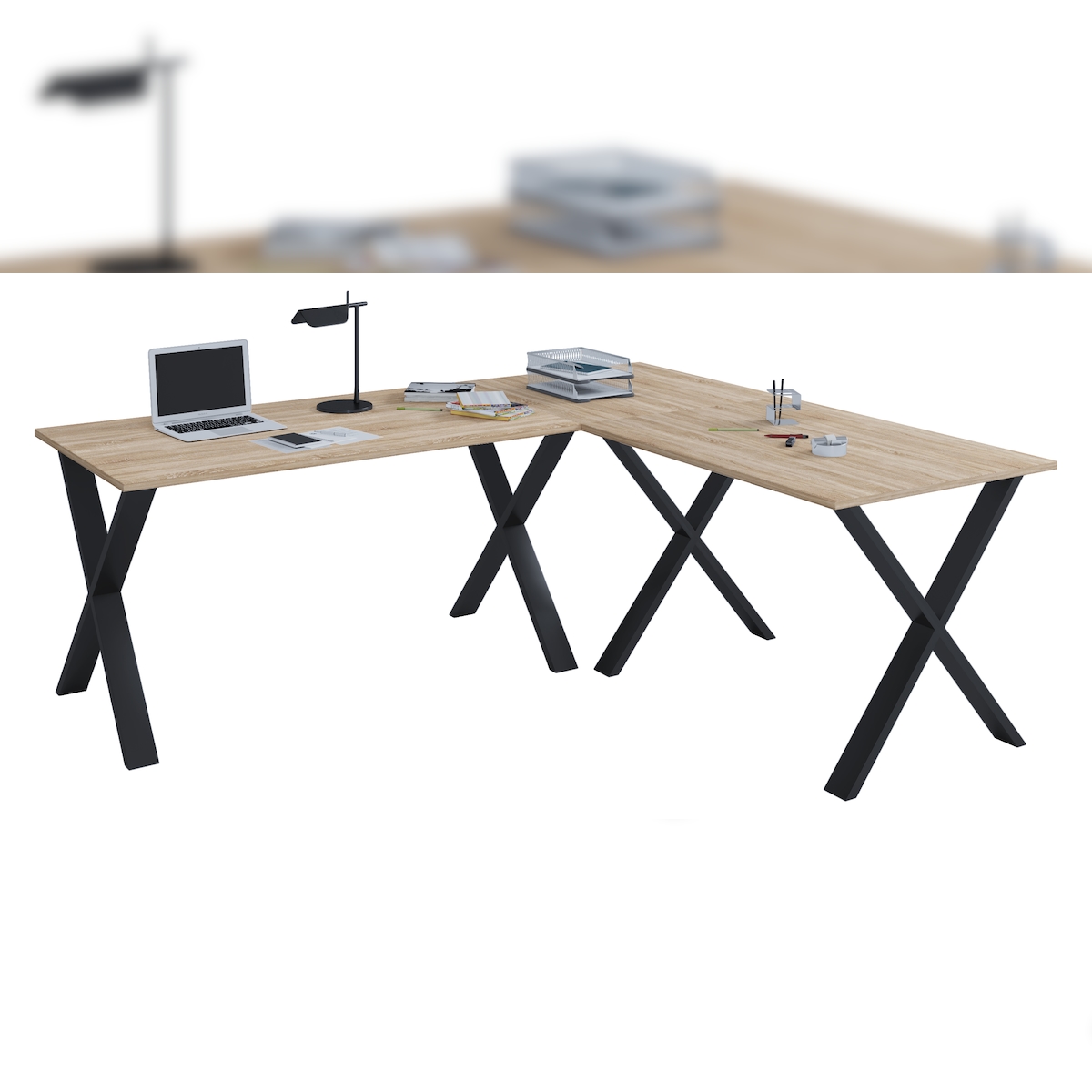 VCM Schreibtisch Lona Schwarz / Sonoma-Eiche H. 76 x B. 190 x T. 160 cm Image