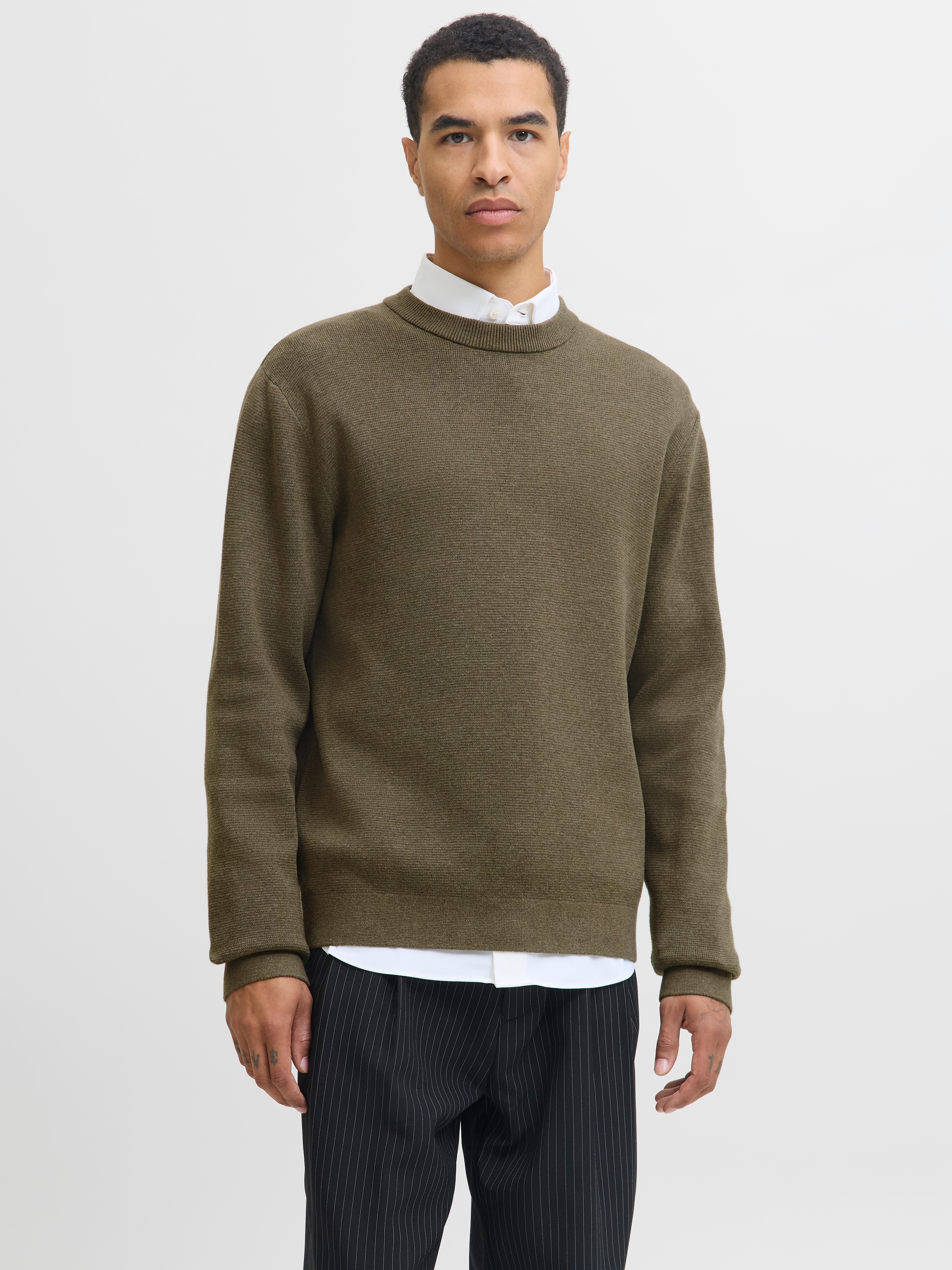 Strickpullover JACK & JONES "JPRBLAMILANO STITCH KNIT CREW NECK SN", Damen, Gr. M, beige (stone gray detail:melange), Strick, Obermaterial: 100% Baumwolle, meliert, relaxed fit hüftbedeckend, Rundhals, Pullover Strickpullover