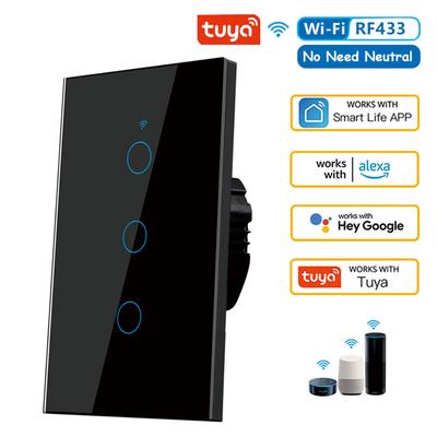 Smart Wall Switch WiFi Enabled No Neutral Wire Required, RF433 Touch Sensor, Voice Control Via Alexa & Google Home black 3 Gang