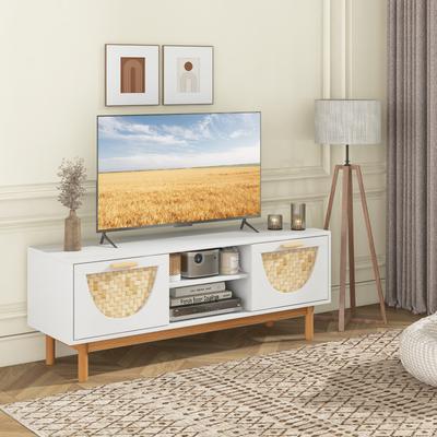 Mid Century Modern TV Stand Entertainment Center For 55 Inch TV With 2 Drawers, Bamboo Woven Fronts, Storage Cabinet Mid Century Modern TV Stand Entertainment Center For 55 Inch TV With 2 Drawers, Bamboo Woven Fronts, Storage Cabinet