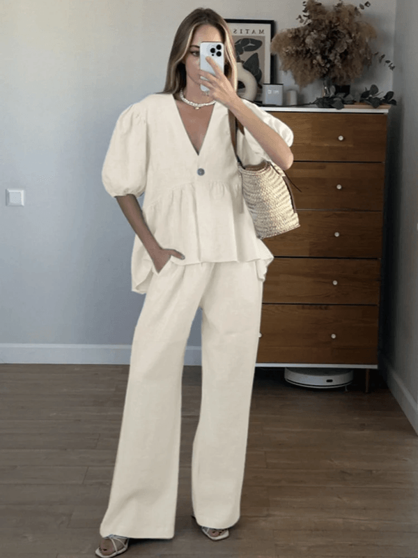 Womens Cotton Two Piece Matching Set V Neck Lounge Outfit For Spring And Summer us 4 beige