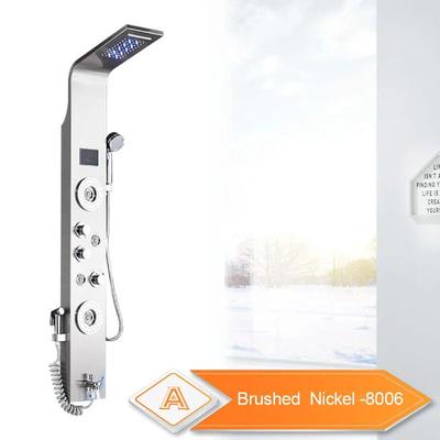 LED Bathroom Shower Panel 6 Modes Rainfall & Waterfall Shower Column With Intelligent LCD, Massage Jet, And Rose Gold brushed Nickel 8006