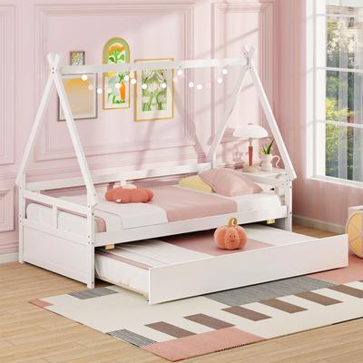 Twin Size House Bed With Trundle & Safety Guardrail, Kids Wooden Playhouse Bed Frame Twin Size House Bed With Trundle & Safety Guardrail, Kids Wooden Playhouse Bed Frame