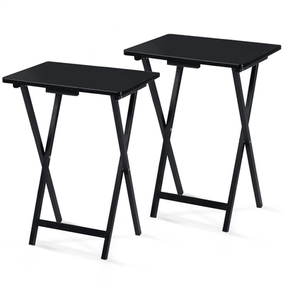 Black PJ Wood Folding TV Tray Tables With Storage Rack, Wooden Set For Snacks, Workstation, Laptop Desk Black PJ Wood Folding TV Tray Tables With Storage Rack, Wooden Set For Snacks, Workstation, Laptop Desk