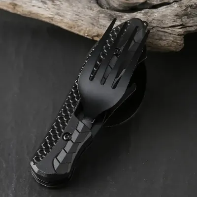 Camping Folding Knife Spoon Fork Multi Tool, Stainless Steel Outdoor Utensil Set With Comfortable Grip & Bottle Opener Camping Folding Knife Spoon Fork Multi Tool, Stainless Steel Outdoor Utensil Set With Comfortable Grip & Bottle Opener