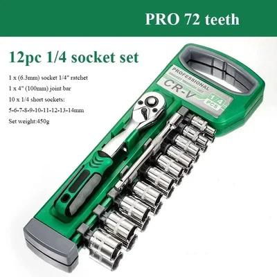 Compact Ratchet Wrench Set, Socket Sleeve Key Kit For Car Repair & Home Use 1 4inch 12pc Set