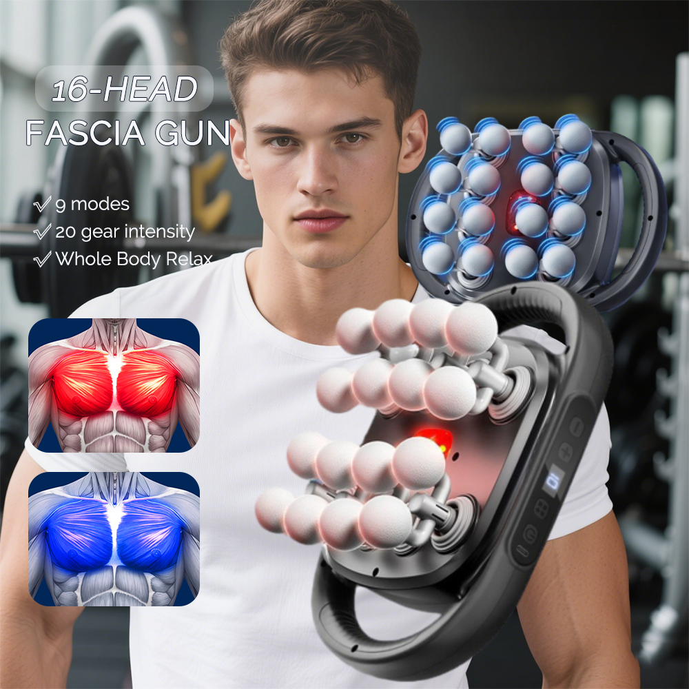 16 Head Fascia Gun High Frequency Vibration Body Massage Machine, Deep Tissue Massage Gun For Muscle Recovery grey