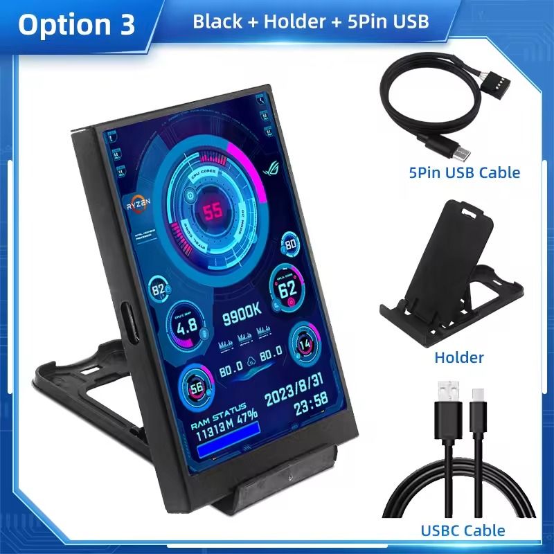 3.5 Inch USB Type C Secondary Display For CPU GPU RAM Monitoring black 5pin Usb