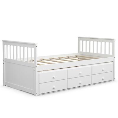 Wooden Twin Captains Bed With Trundle And Storage Drawers, Space Saving Platform Bed With Guest Bed And Storage Wooden Twin Captains Bed With Trundle And Storage Drawers, Space Saving Platform Bed With Guest Bed And Storage
