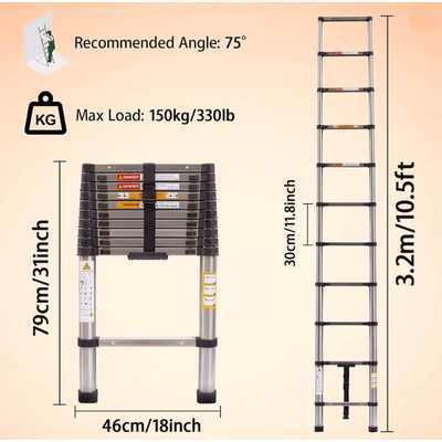 Heavy Duty Telescopic Loft Ladder 26M To 5M Multipurpose Folding Ladder For Home And Work 3.2m 10.5ft