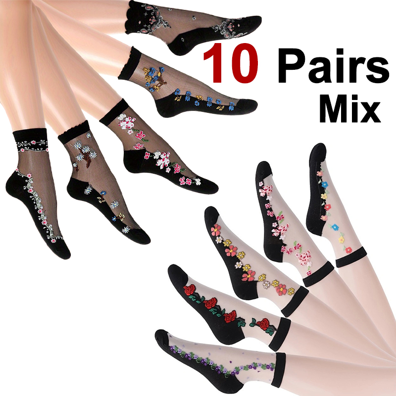 Women Floral Print Mid Tube Socks, Summer Thin Design, Sweat Absorbing & Breathable For All Day Comfort 10 Pairs Mix one Size