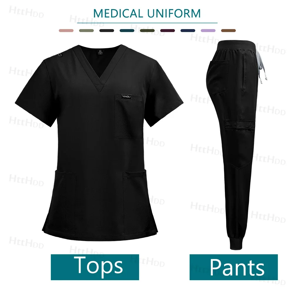 Medical Scrubs Jogger Set For Women & Men, Doctor Nurse Uniform Shirt & Pants, Hospital Workwear, Operating Room black l