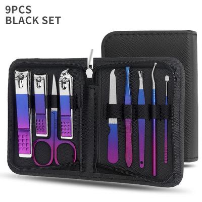 Stainless Steel Gradient Manicure And Pedicure Kit With Nail Scissors And Travel Case 9 Pcs Set