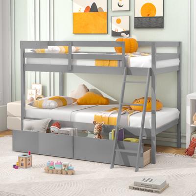 Wooden Twin Bunk Bed With 2 Storage Drawers & Ladder, Sturdy Twin Over Twin Bed Frame For Kids & Teens Wooden Twin Bunk Bed With 2 Storage Drawers & Ladder, Sturdy Twin Over Twin Bed Frame For Kids & Teens