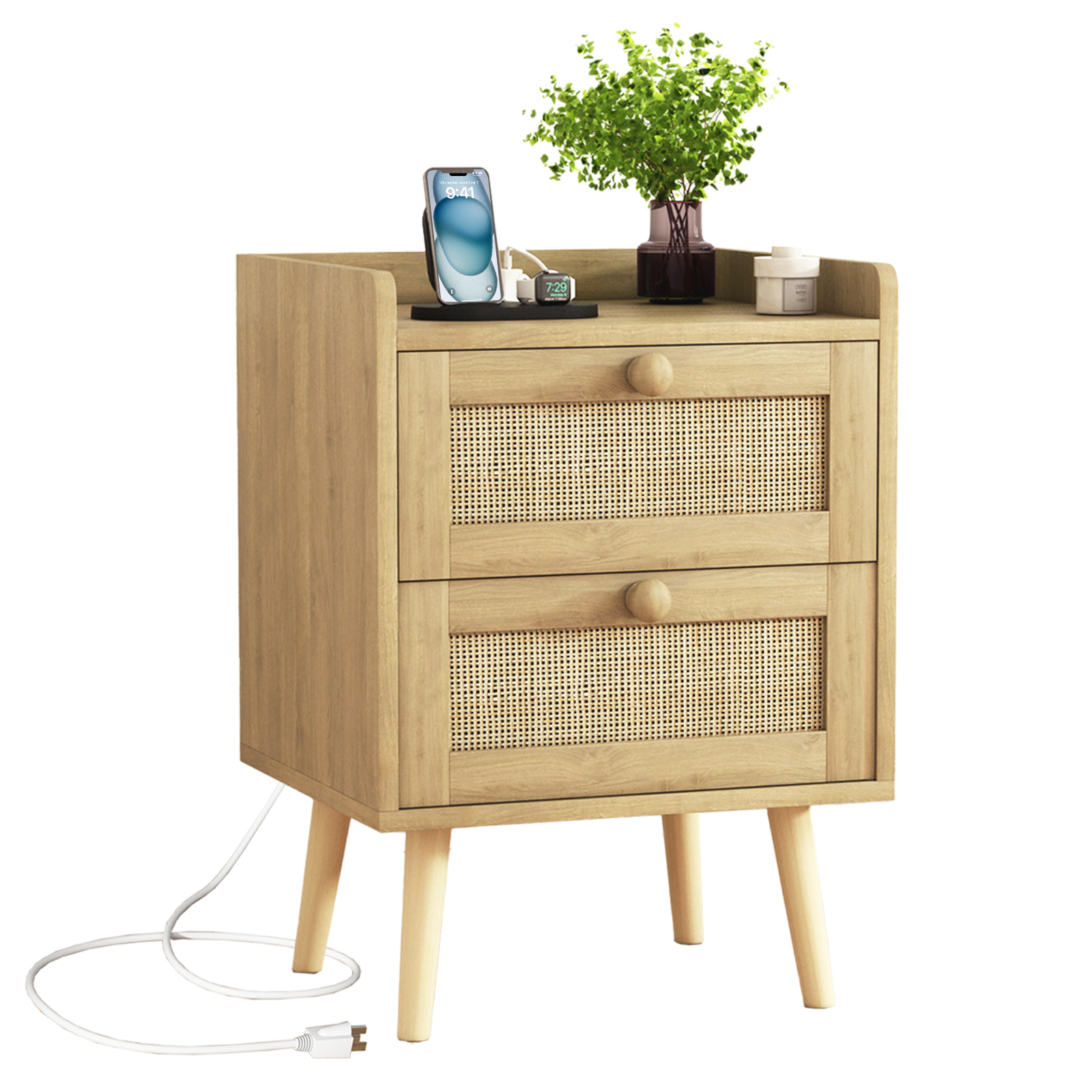 Rattan Nightstand With Charging Station, Rustic Bedside Table With 2 Drawers, Natural Nightstand For Bedroom Rattan Nightstand With Charging Station, Rustic Bedside Table With 2 Drawers, Natural Nightstand For Bedroom